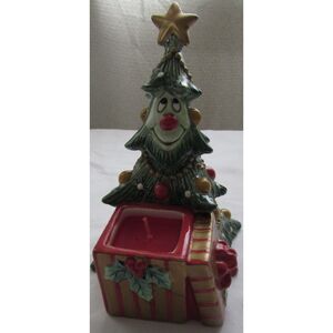 Fitz and Floyd Wee Christmas Tree ceramic with red candle candle holder smiley